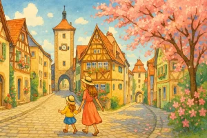 A woman with a girl walks over a small German town and enjoys its beautiful spring aesthetics.