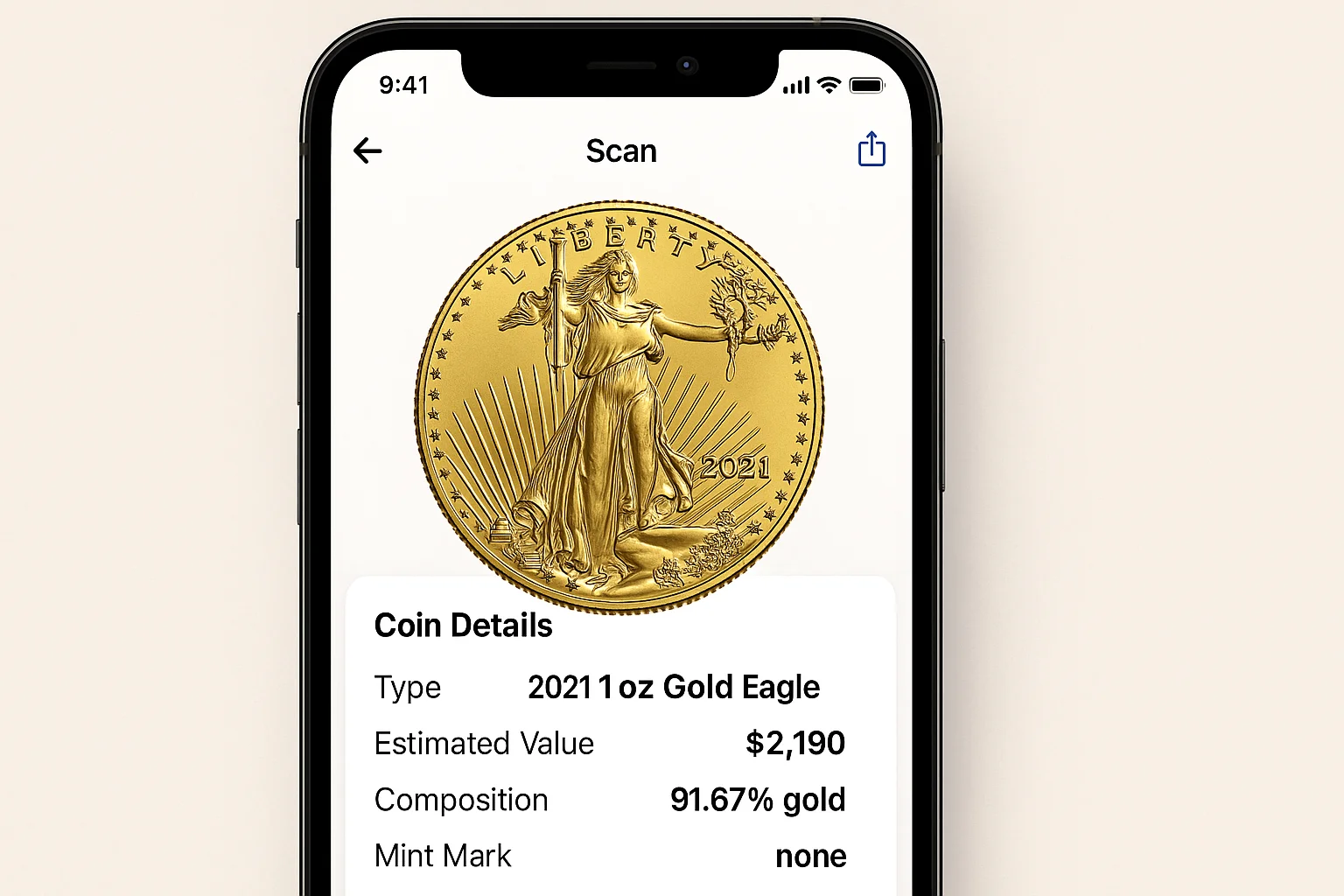 App interface showing scan of a 2021 1 oz Gold Eagle with pricing details