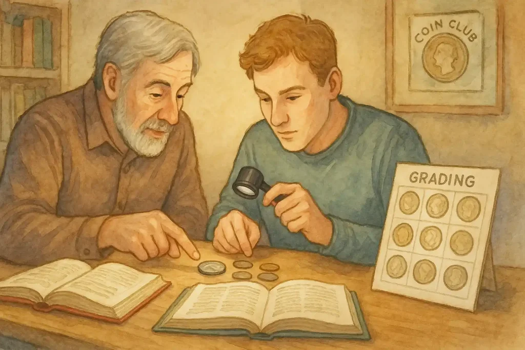 An old numismatist explains grading basics to a younger colleague.