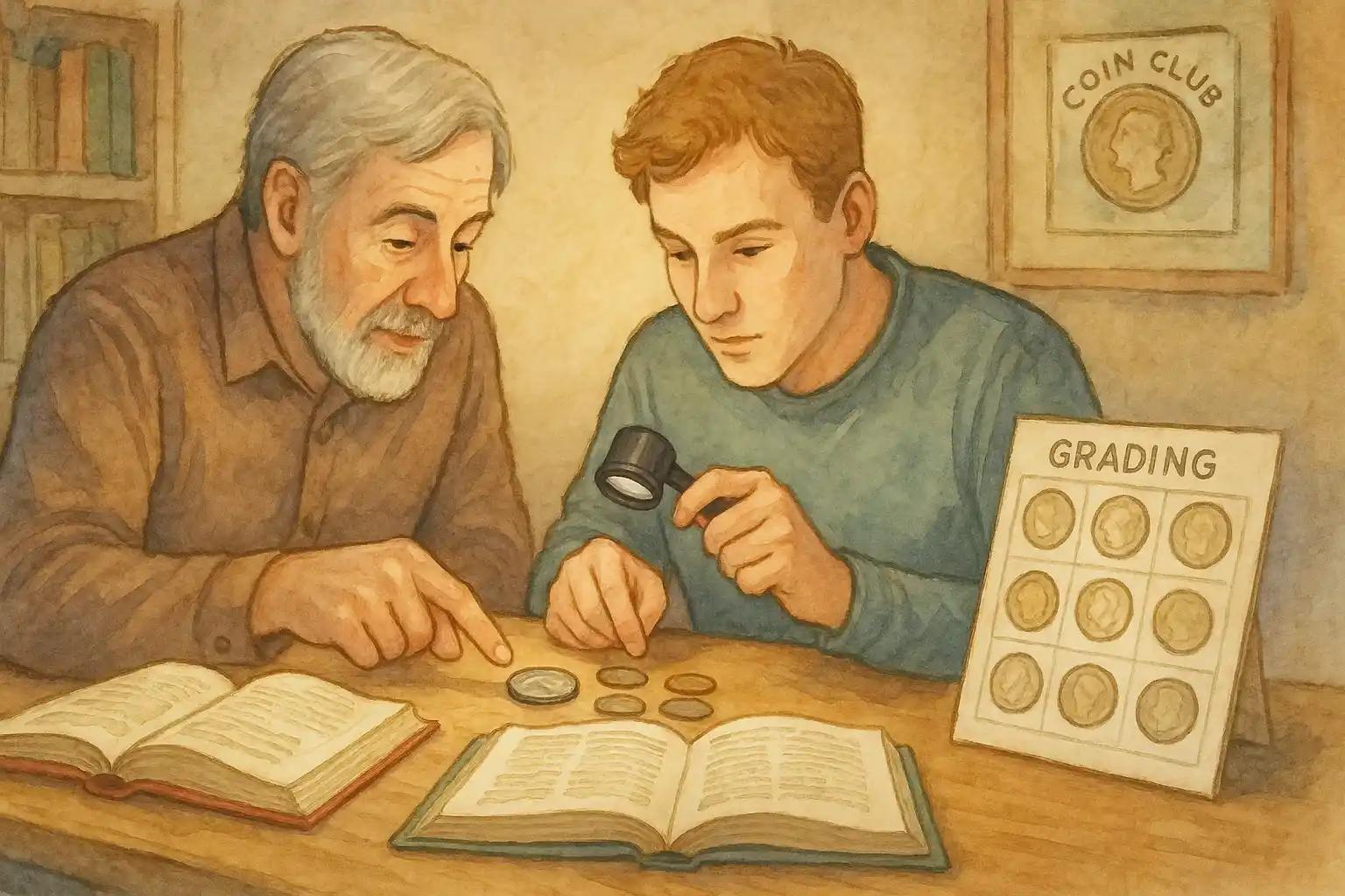 An old numismatist explains grading basics to a younger colleague.