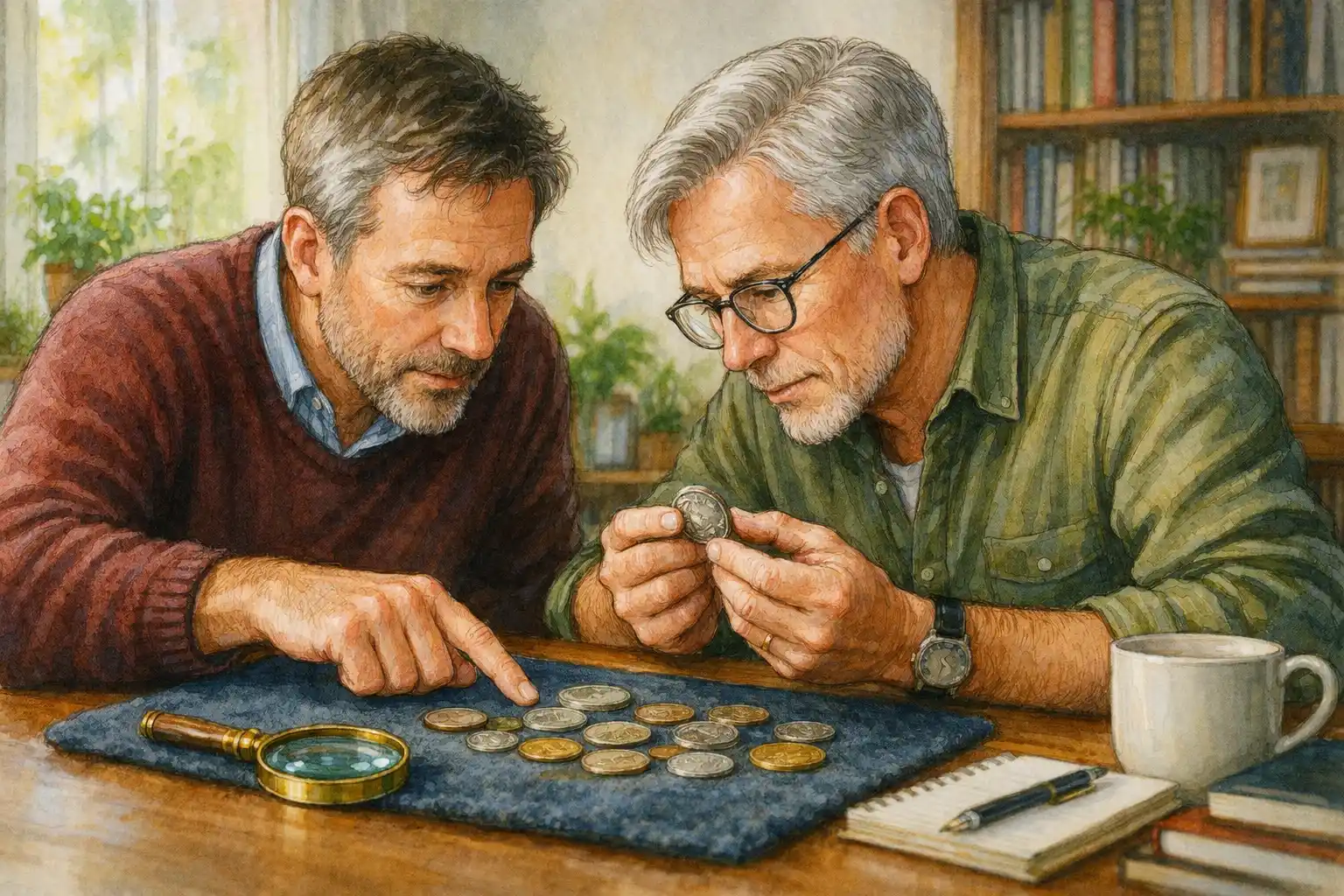 Two friends discuss coin grading issues in the daylight.
