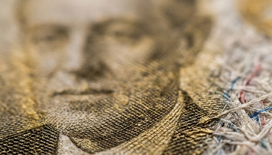Extreme close-up of dollar bill paper fibers and print pattern